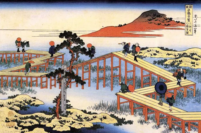 Landscape with rice fields by Katsushika Hokusai, color woodcut, circa 1835, 1760-1849, Russia, St Petersburg, State Hermitage, 24, 8x38