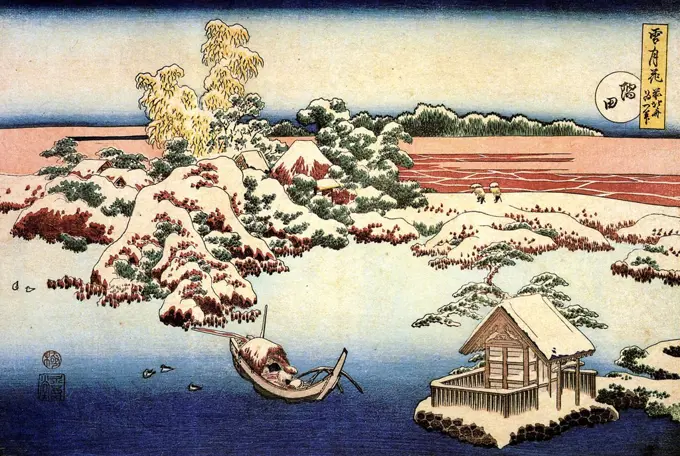 Winter landscape by Katsushika Hokusai, color woodcut, circa 1832, 1760-1849, Russia, Moscow, State A. Pushkin Museum of Fine Art