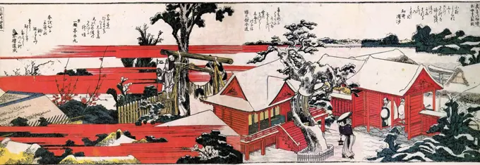 Village view by Katsushika Hokusai, color woodcut, 1760-1849, 19th century, Private Collection