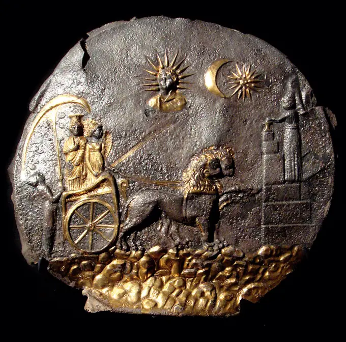 A round medallion plate describing Cybele by Anonymous master    Musee Guimet, Paris  2th century BC  Greece  Electrum  Archaeology  Mythology, Allegory and Literature