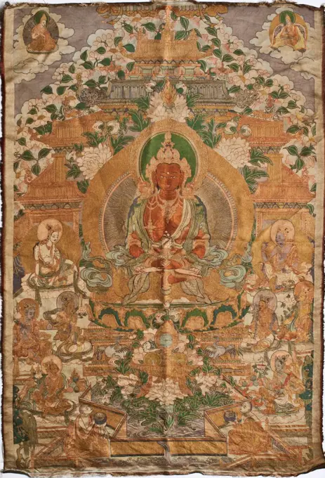 Amitayus Buddha Thangka by Tibetan culture    Private Collection  End of 19th cen.  Tibet  Pigments and gold on textile  Painting  Mythology, Allegory and Literature