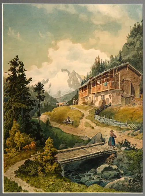 Alpine landscape with a bridge by Gatt, Ferdinand (1847-1909) / Regional A. Deineka Art Gallery, Kursk / Romanticism /  / Austria / Watercolour on paper / Landscape / 26,8x20,5