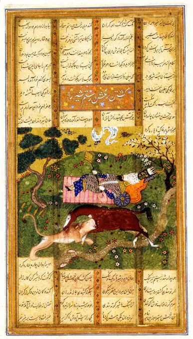 Rakhsh Kills an Attacking Lion While Rustam Sleeps. From the Shahnama (Book of Kings) by Iranian master   / The David Collection / The Oriental Arts / ca 1470 / Iran, Timurid Dynasty / Watercolour and ink on paper / Mythology, Allegory and Literature / 3