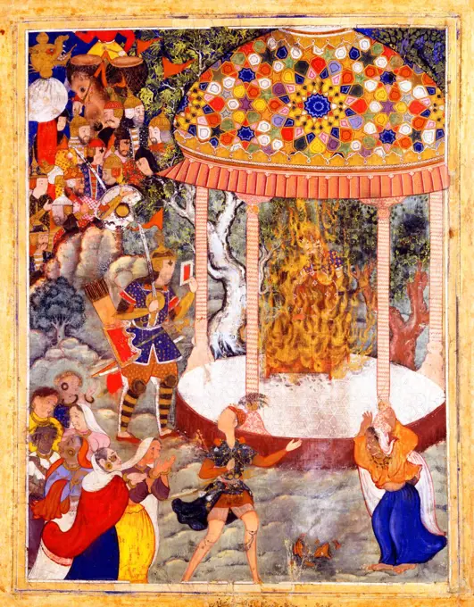 Hamza Burns ZarthustÕs Chest and Shatters the Urn with his Ashes (From the 'Hamzanama') by Indian Art   / The David Collection / The Oriental Arts / c. 1570 / India, Mughal school / Gouache on paper / Mythology, Allegory and Literature / 68x51,4