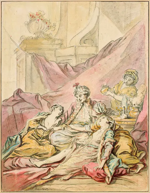 The Pasha in His Harem by Boucher, Francois (1703-1770) / Albertina, Vienna / Rococo / ca 1735-1739 / France / Pen, brush, watercolour, Indian ink on paper / Genre / 36,7x28,2