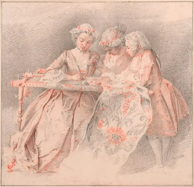 The Embroiders by Portail, Jacques-Andre (1695-1759) / Albertina, Vienna / Rococo /  / France / Black chalk and sanguine on paper / Genre / 29,2x30,2