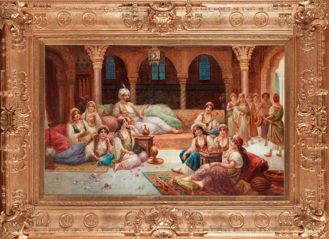 in a Harem by Delincourt, J. G. (active Mid of 19th cen.) / Private Collection / Orientalism /  / France / Oil on canvas / Genre / 82x132