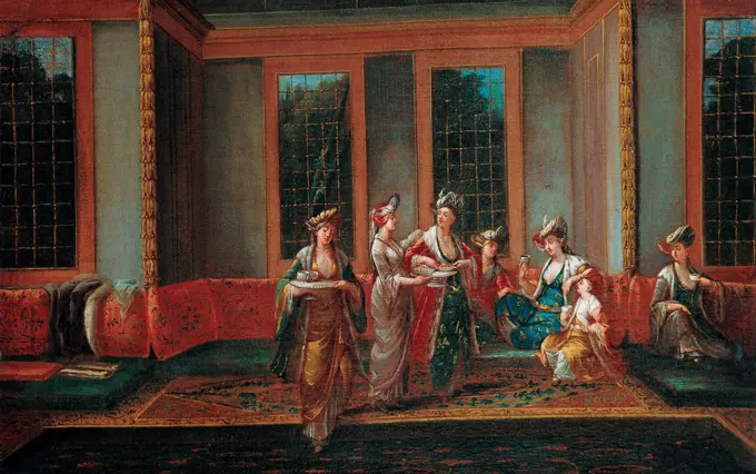 Women Drinking Coffee by Vanmour (Van Mour), Jean-Baptiste (1671-1737) / Pera Museum, Istanbul / Orientalism / 1720s / Flanders / Oil on canvas / Genre / 37x59