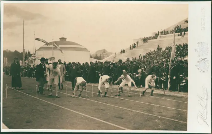 Olympic Games, 1896. Preparation for the 100-meter race / Meyer, Albert (1857Ð1924) / Photograph / 1896 / Germany / Private Collection / Genre,History