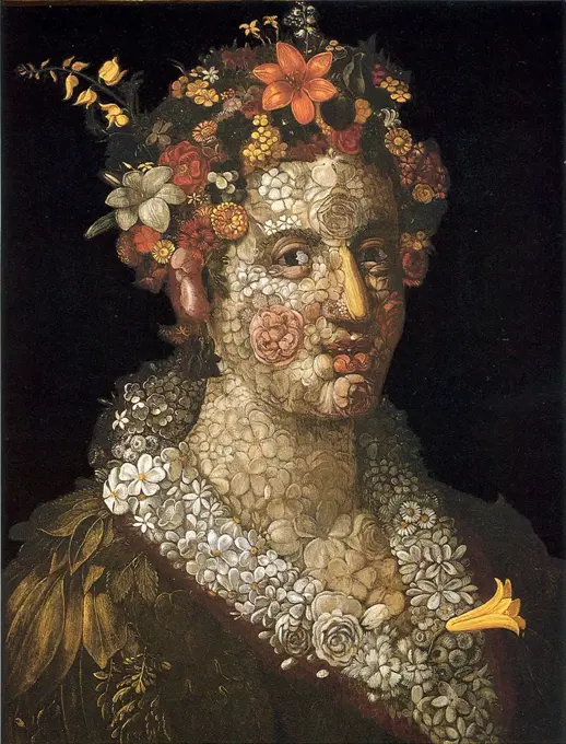 Surreal portrait of woman by Giuseppe Arcimboldo, oil on wood, circa 1591, 1527-1593, Private Collection, 72, 8x56, 3