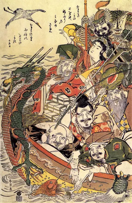 Seven Lucky Gods by Katsushika Hokusai, Color woodcut, before 1801, 1760-1849, Private Collection