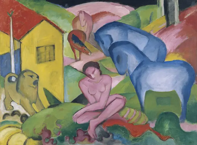 Naked woman among animals by Franz Marc, oil on canvas, 1912, 1880-1916, Spain, Madrid, Thyssen-Bornemisza Collections, 101x136