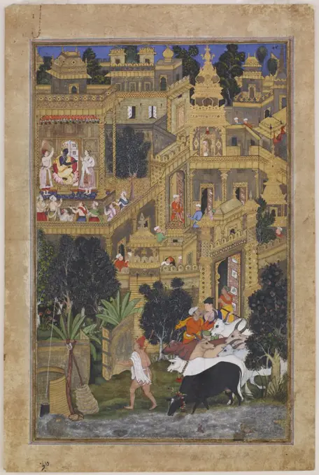 View of indian town by Kesav Kalan, Watercolor, ink, gold colour on paper, circa 1586, active 16th century, USA, Washington, D.C., Freer Gallery of Art, 34, 9x23, 2