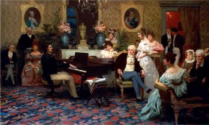 Frederic Chopin playing piano in Anton Radziwill house by anonymous artist, painting, Private Collection, 142x211