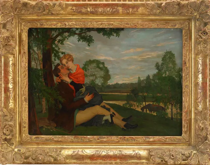 Couple making love at riverbank by anonymous artist, painting, Private Collection, 27, 5x39