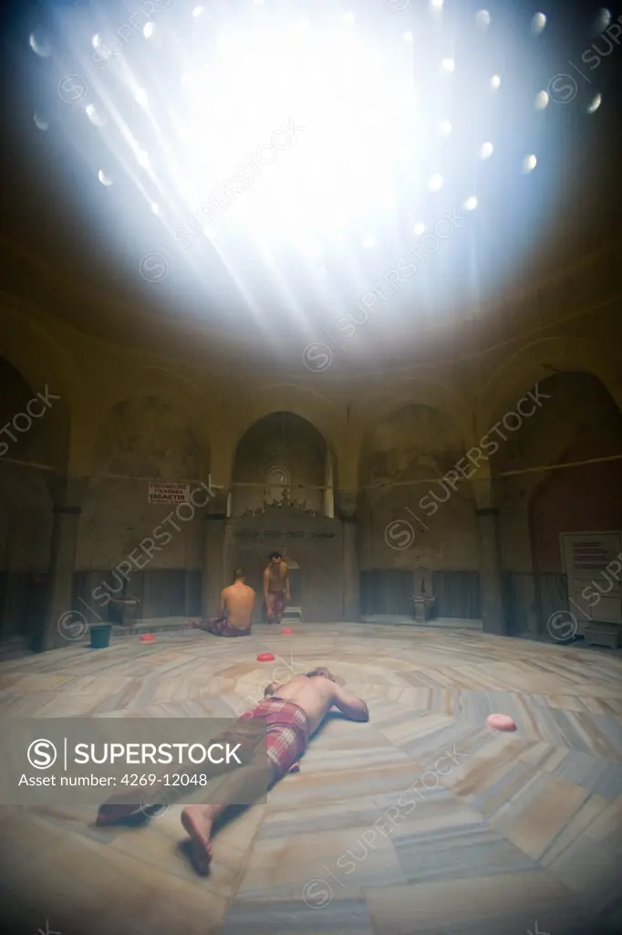 Men in a hammam (Turkish bath) in Istanbul, Turkey.