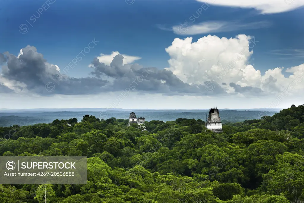 Temples I and II at Tikal, Mayan archaeological site, Guatemala, panoramic vue.