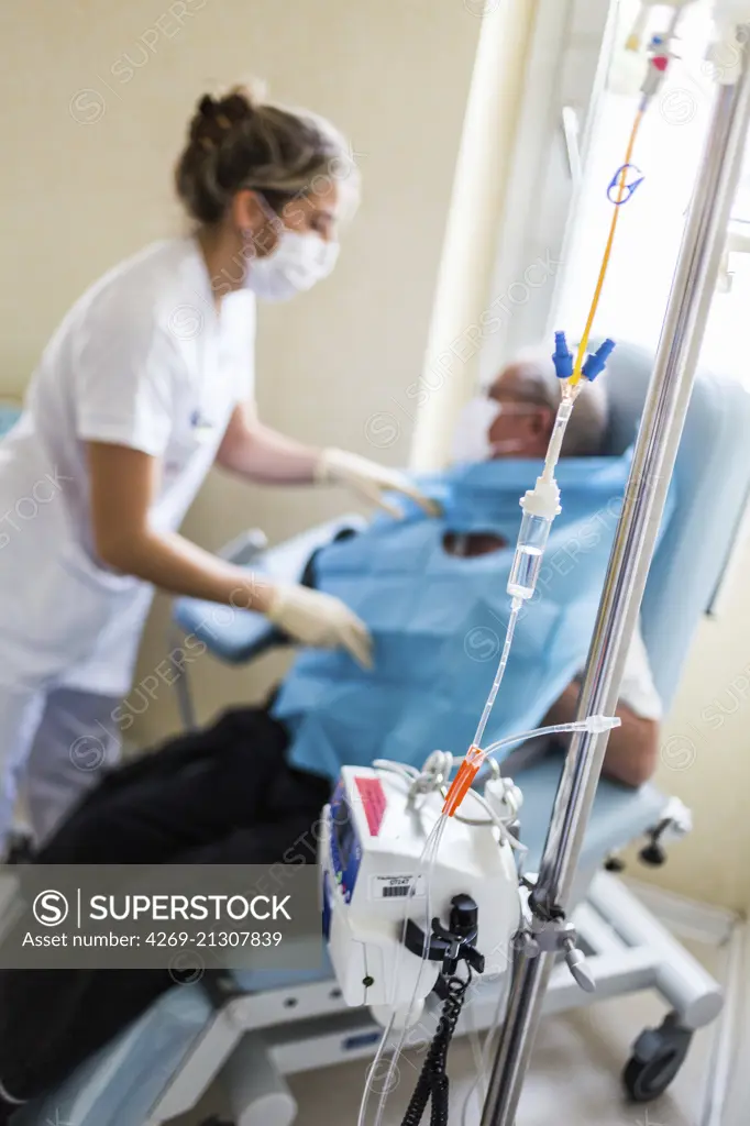 Oncology department, Patient with cancer receiving chemotherapy in day hospital, France,