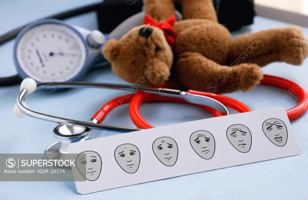 Pain. Pain evaluation with a visual analogue pain scale. Pain can be difficult to explain and describe, particularly for non communicant patients and children. This simple device helps doctors to evaluate patient's pain.