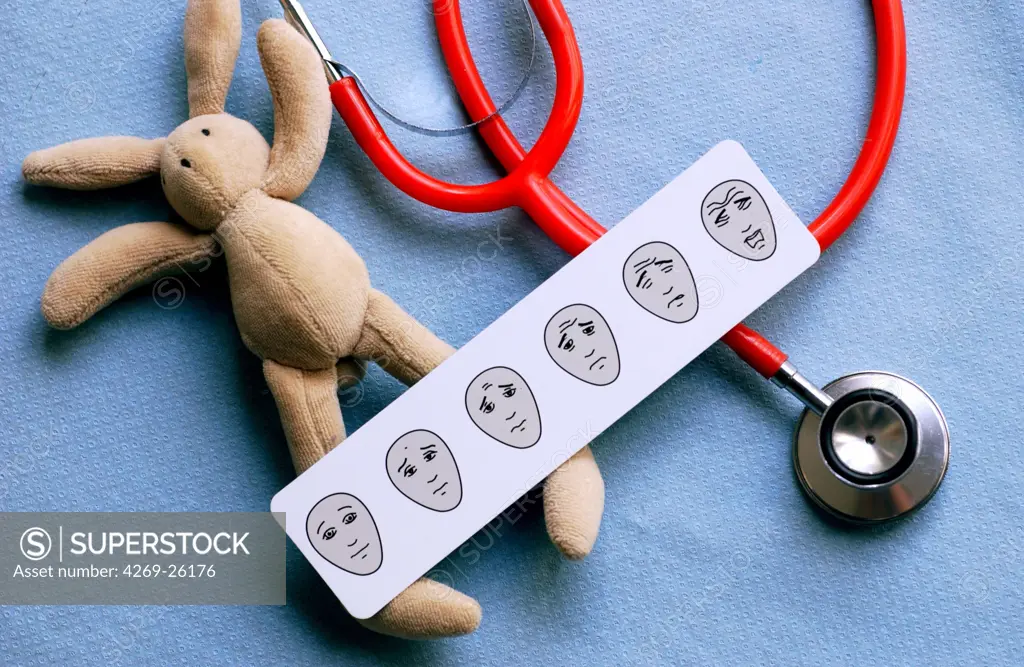 Pain. Pain evaluation with a visual analogue pain scale. Pain can be difficult to explain and describe, particularly for non communicant patients and children. This simple device helps doctors to evaluate patient's pain.