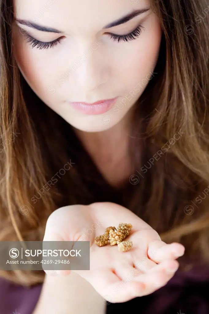 Woman. Woman eating dried white mulberries.