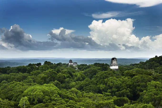 Temples I and II at Tikal, Mayan archaeological site, Guatemala, panoramic vue.