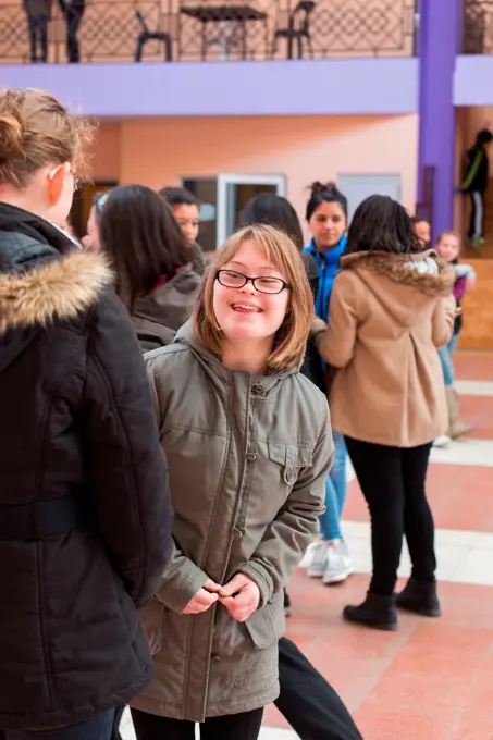 Teenage girl with Down syndrome 13 year old educated in ULIS (Localised Units for Inclusion School) Charente, France