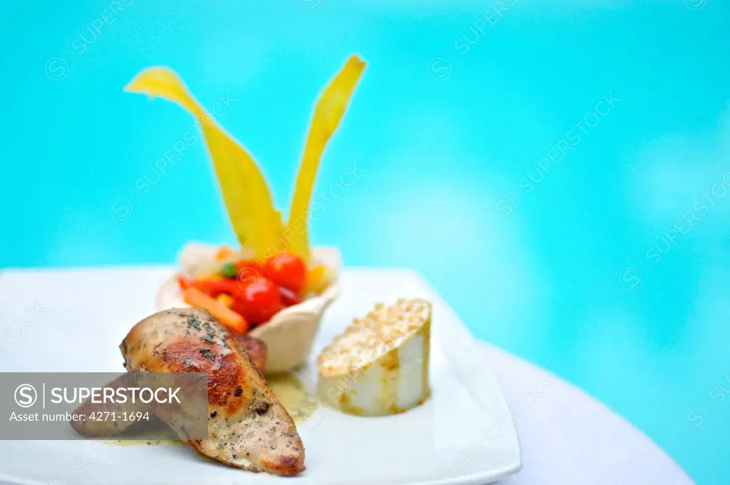 Colombia, Cali, Grilled chicken with  Colombian presentation with plantains