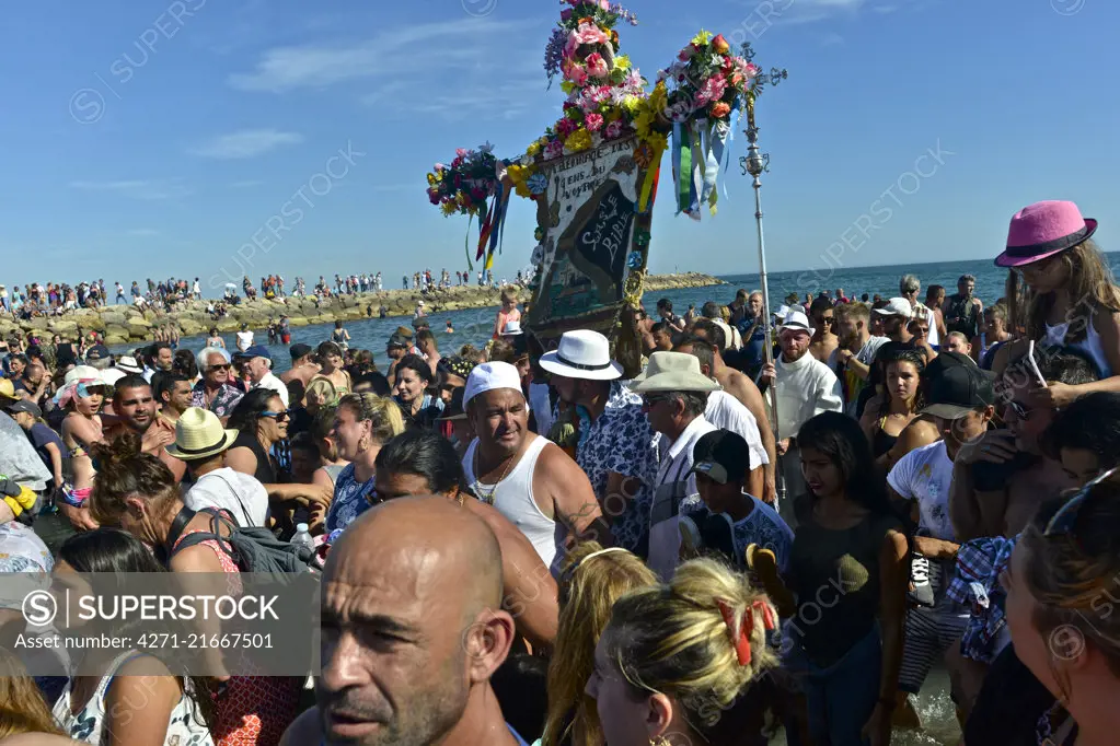 Annual Roma pilgrimage at Saintes-Maries-de-la-Mer. The statue of Sara, carried by the Gypsies to the sea, symbolizes the waiting for and welcome of the Saints Mary Jacobe and Mary Salome.