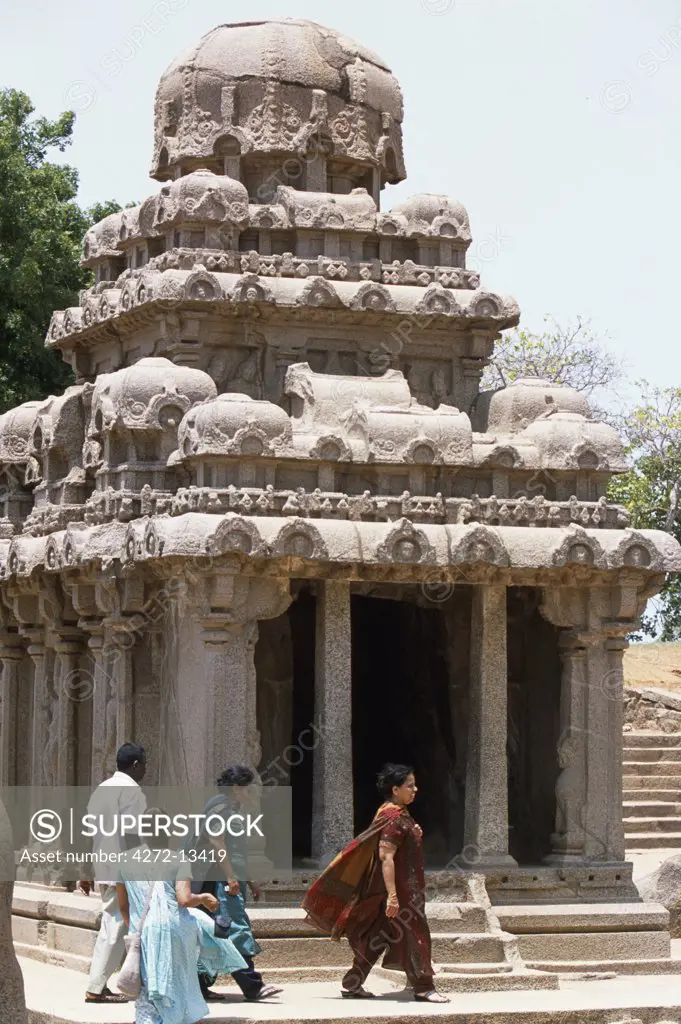 One of the Pancha Pandava Rathas or five chariots of the Pandavas, free standing sculptures of temples and animals carved from indvidual boulders c. 630-70AD