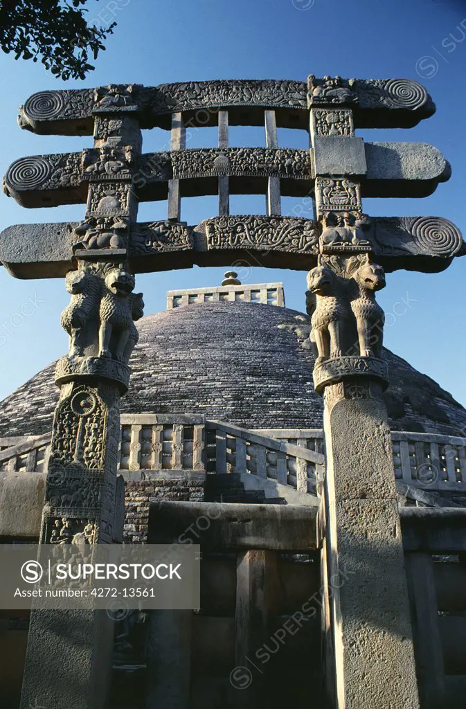 Four elaborate toranas, or gateways, guard the Great Stupa, India's finest surviving Buddhist monument begun by the Emperor Ashoka in the third century BC. Here, the southern torana marks the principle entrance.