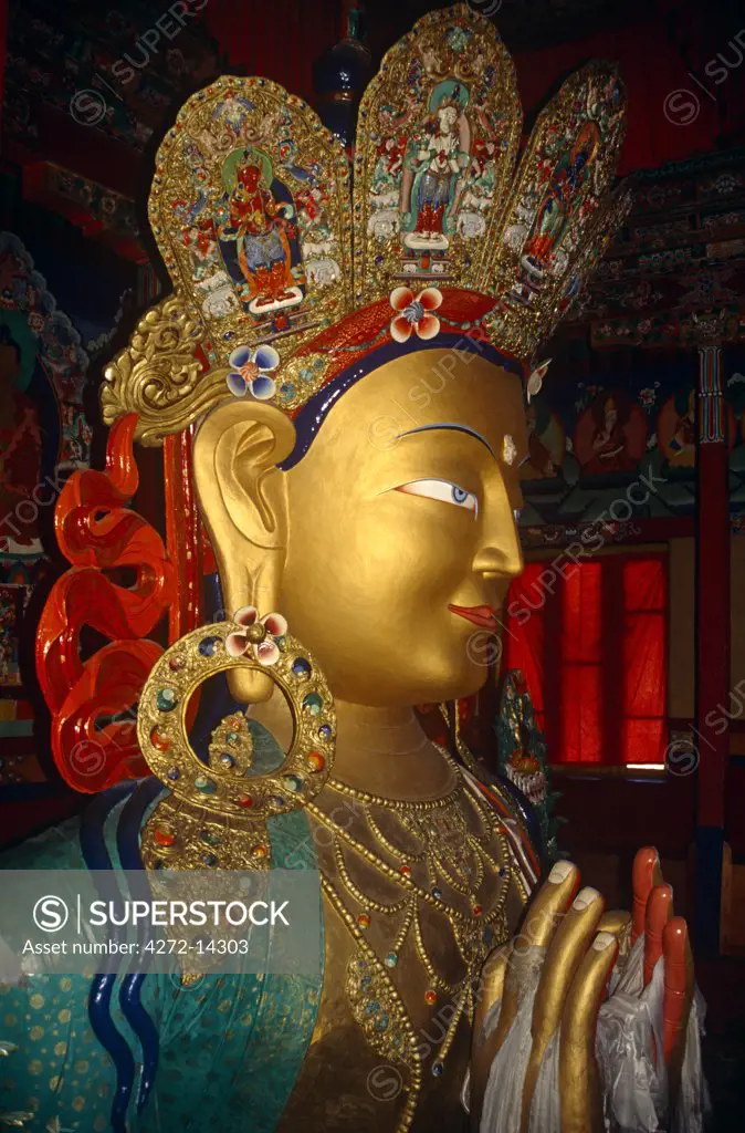 India, Jammu & Kashmir, Ladakh, Tikse. Inaugurated by the Dalai Lama in 1980, the main prayer hall of Tikse Gompa, or Monastery, is dominated by a huge 14-metre tall gold-faced statue of the Maitreya, or Future Buddha.