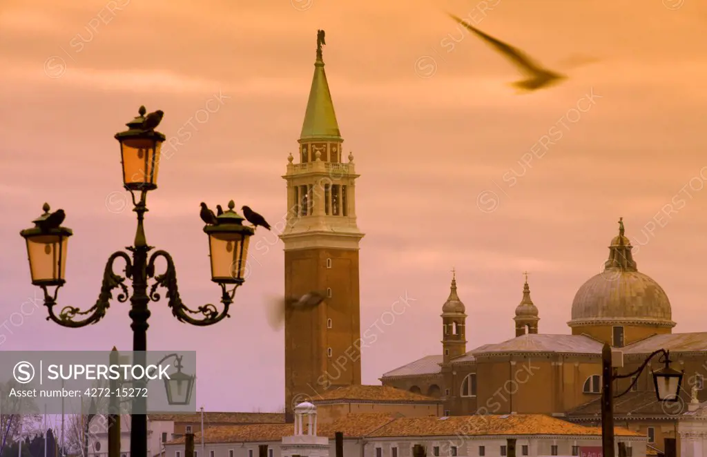 Venice, Veneto, Italy; Along the bacino the San Marco detail of San Giorgio Maggiore in the background