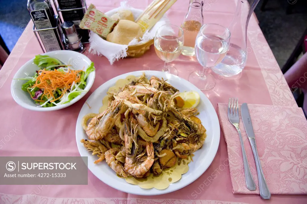 Typical fish meal, Fritto Misto, Burano Island, Venice, Veneto, Italy