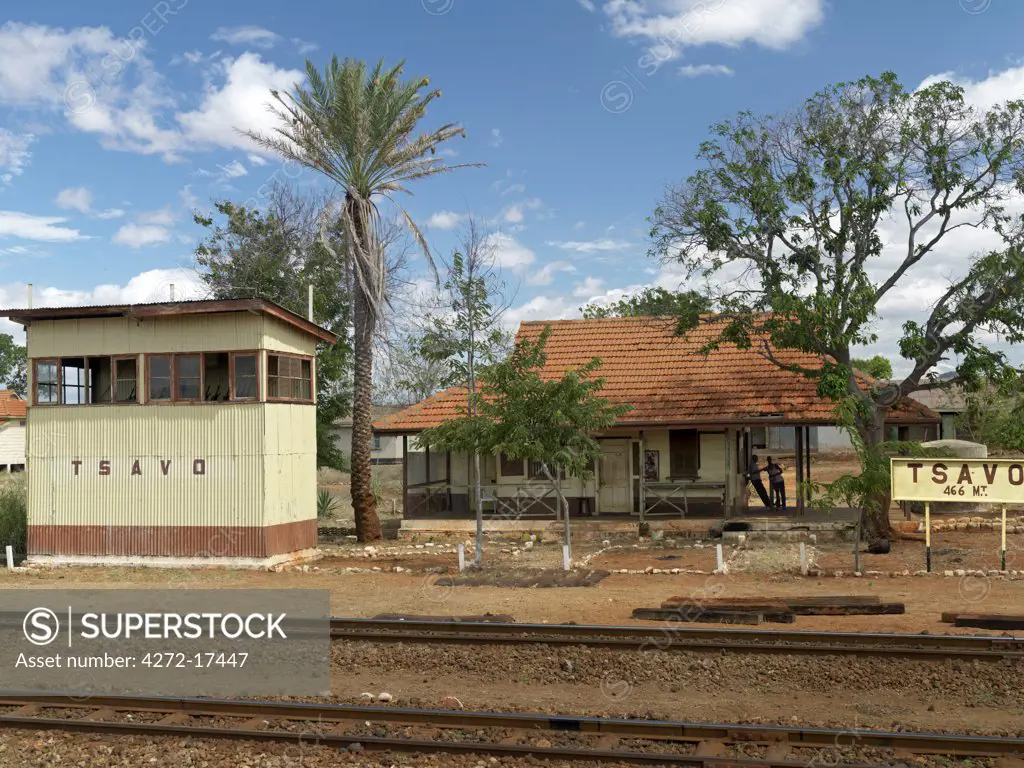 Kenya, Tsavo, Tsavo Railway Station. Tsavo was the place where two man-eating lions devoured twenty-eight Indian coolies and many African workers in 1898, holding up construction of a bridge on the Uganda Railway for several months.