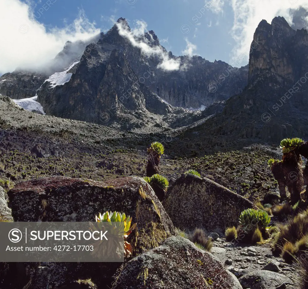 Kenya, Central Province, Mount Kenya. The peaks of Mount Kenya, Africa s second highest mountain.