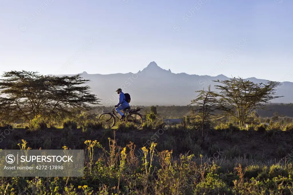 Kenya,Timau. In the early morning, a man cycles to work with Mount Kenya towering in the background.