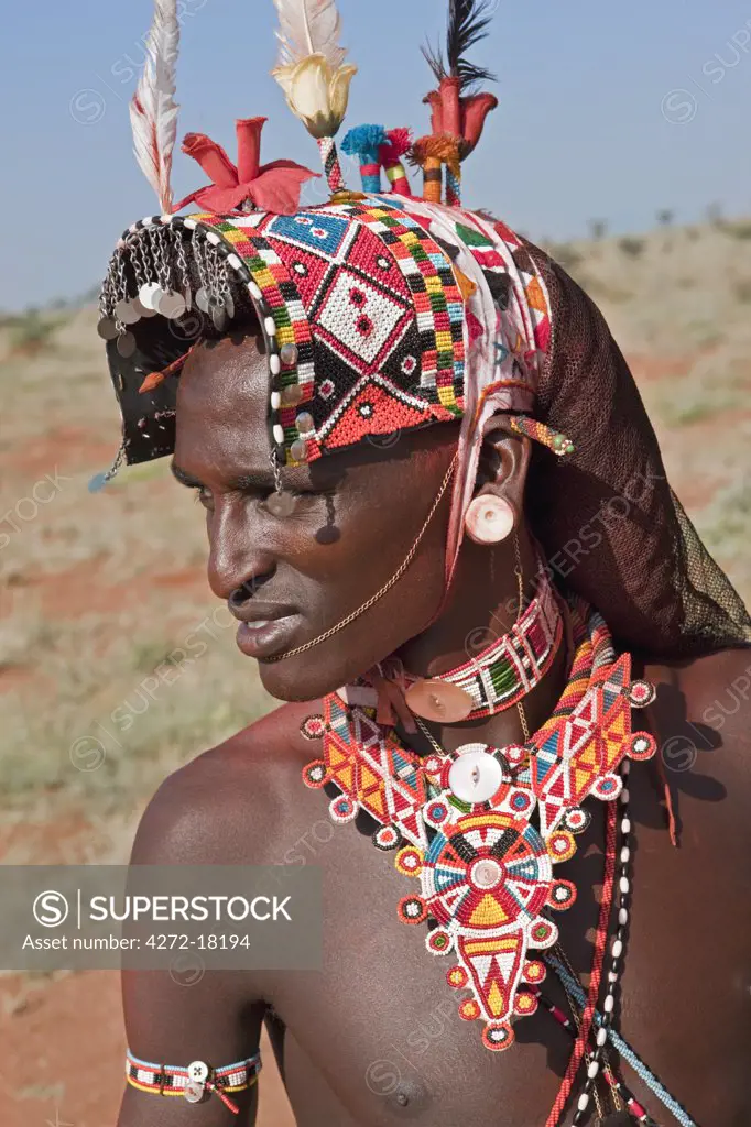 Kenya, A Samburu warrior of Northern Kenya in all his finery.