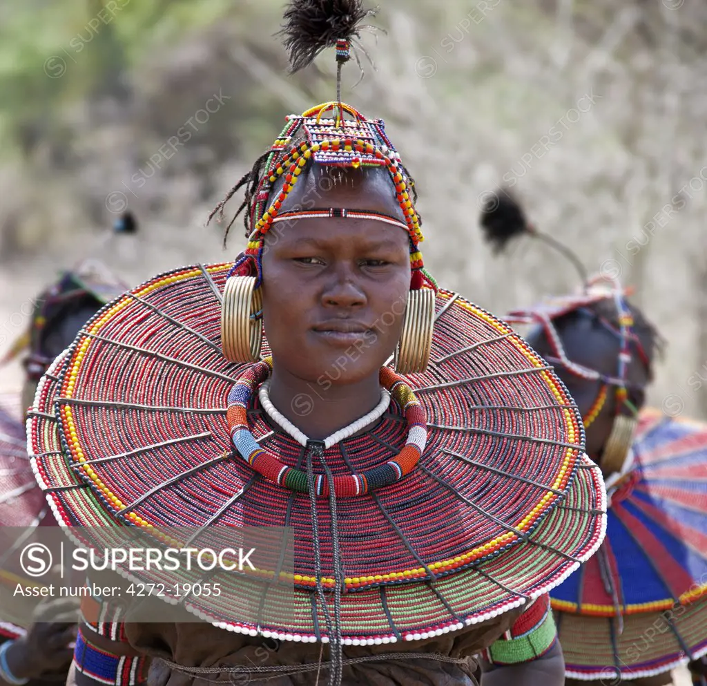 A young married Pokot woman wearing the traditional beaded ornaments of her tribe which denote her married status. The Pokot are pastoralists speaking a Southern Nilotic language. Kenya