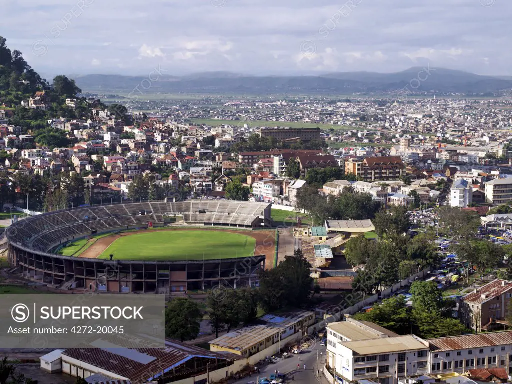 Antananarivo, the capital city of Madagascar and home to about 3 million people. The sprawling city is built on two ridges with the ruins of the Queen's Palace dominating the largest hill.