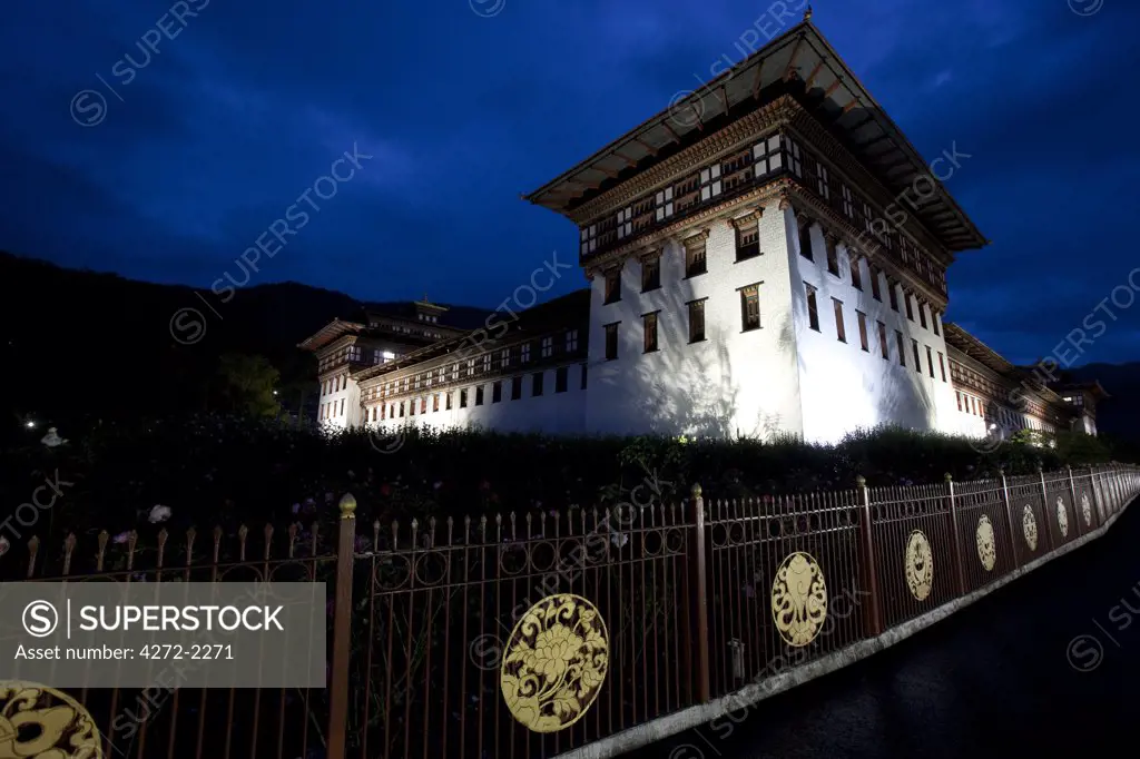 Scene from the Tashichodzong in Thimpu, Bhutan. Tashichoedzong is a Buddhist monastery and fortress.