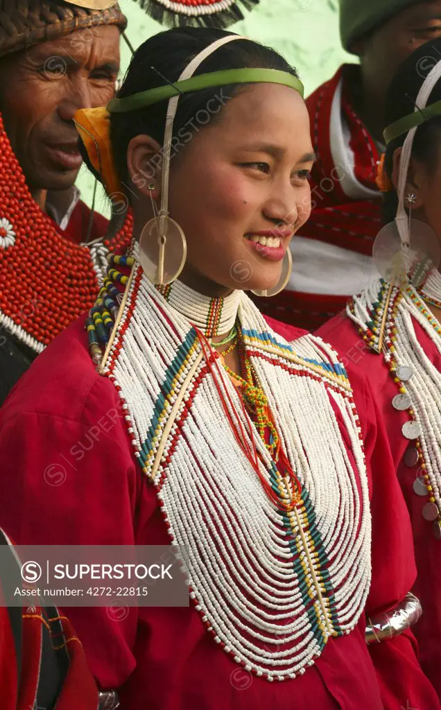 Myanmar, Burma, Naga Hills.  A pretty Naga girl celebrating the Naga New Year Festival in Leshi village.