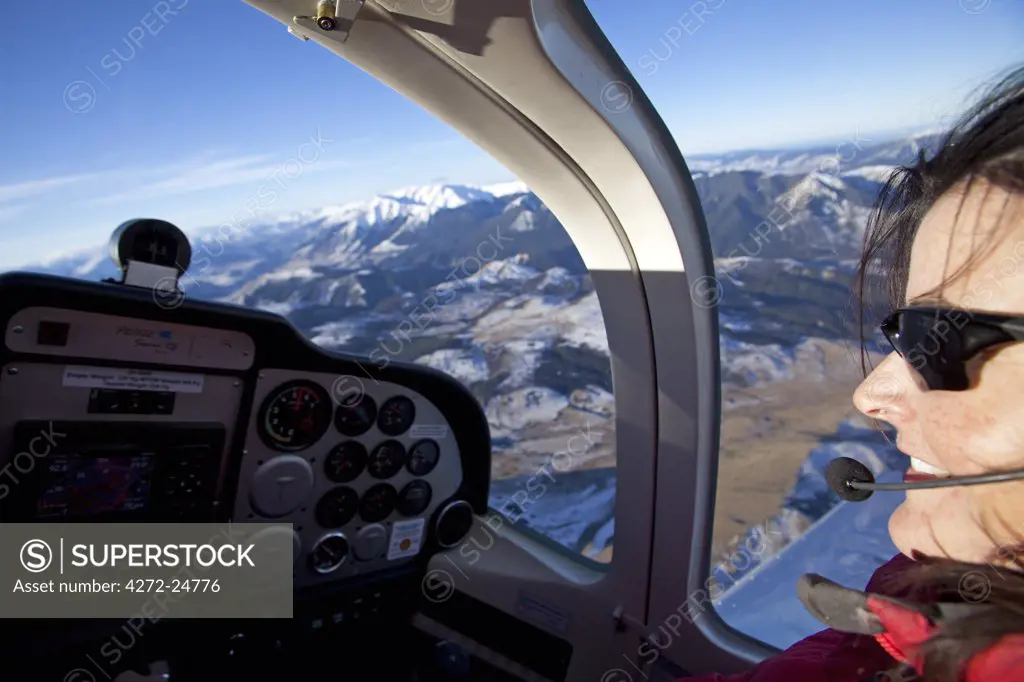 New Zealand, South Island, Christchurch.   Flying over the Southern Alps bordering the Canterbury Plains at the start of winter.  (MR)