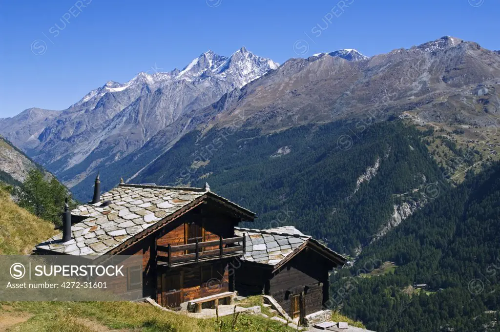 A traditional slate roofed house above Zermatt Valley, Zermatt, Valais, Switzerland