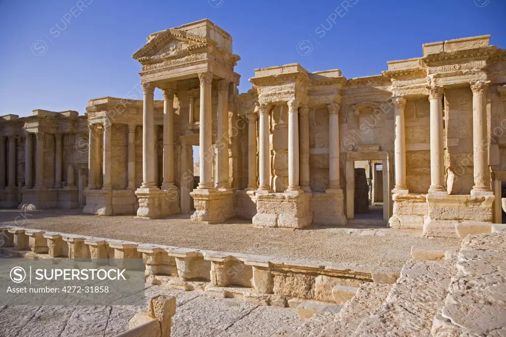 The theatre in the spectacular ruined city of Palmyra, Syria. The city was at its height in the 3rd century AD but fell into decline when the Romans captured Queen Zenobia after she declared independence from Rome in 271.