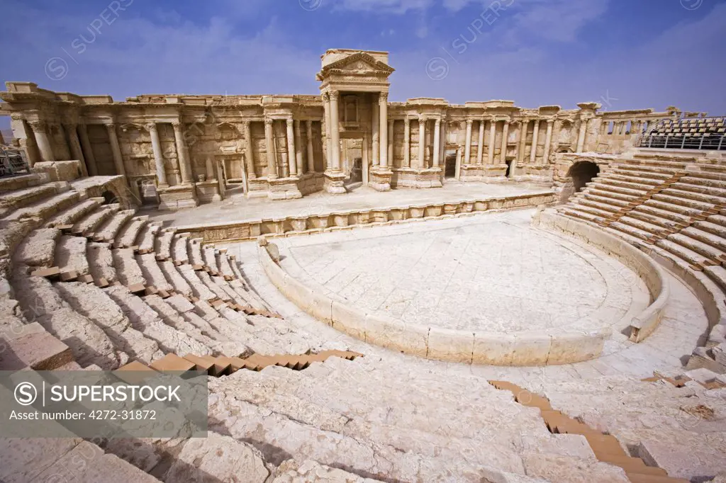 The theatre in the spectacular ruined city of Palmyra, Syria. The city was at its height in the 3rd century AD but fell into decline when the Romans captured Queen Zenobia after she declared independence from Rome in 271.