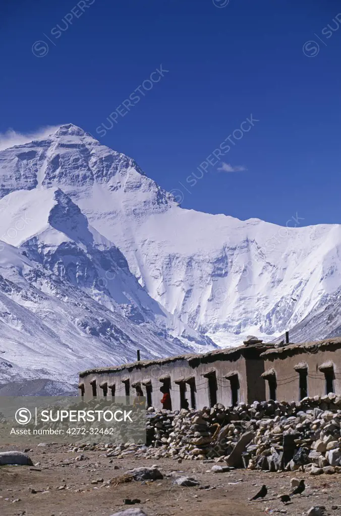 Tibet, Chomolungma, Mount Everest, 8,848m. The village of Rongbuk on the approach to Mount Everest, known locally as Chomolungma. In 1852 the Great Trigonometric Survey of India determined that Mount Everest was definitively the world's highest mountain.