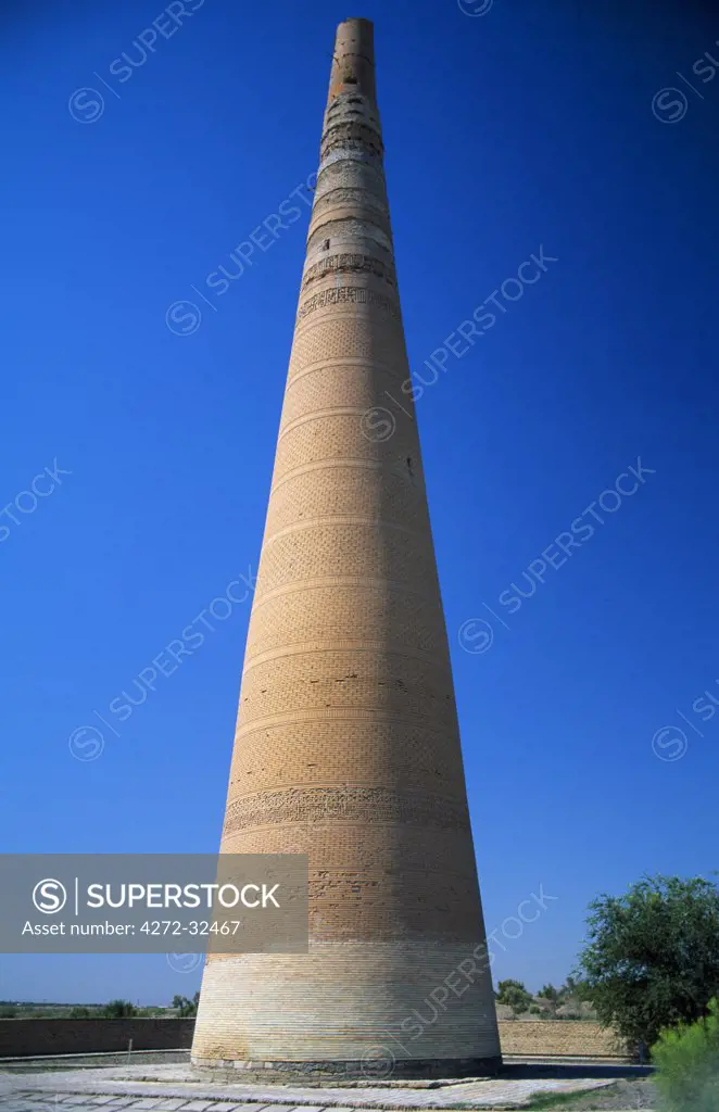 Minaret at Gurganj (Kunja Urgench) former capital of Khorezm. Seven times destroyed and seven times rebuilt is the legend attached to Gurganj.  Gurganj was the name given to the town by the Mongols, the Arabs called it Jurjanya and after 1646 it was known as Kunya Urgench.  During its heyday it covered 1000 hectares.