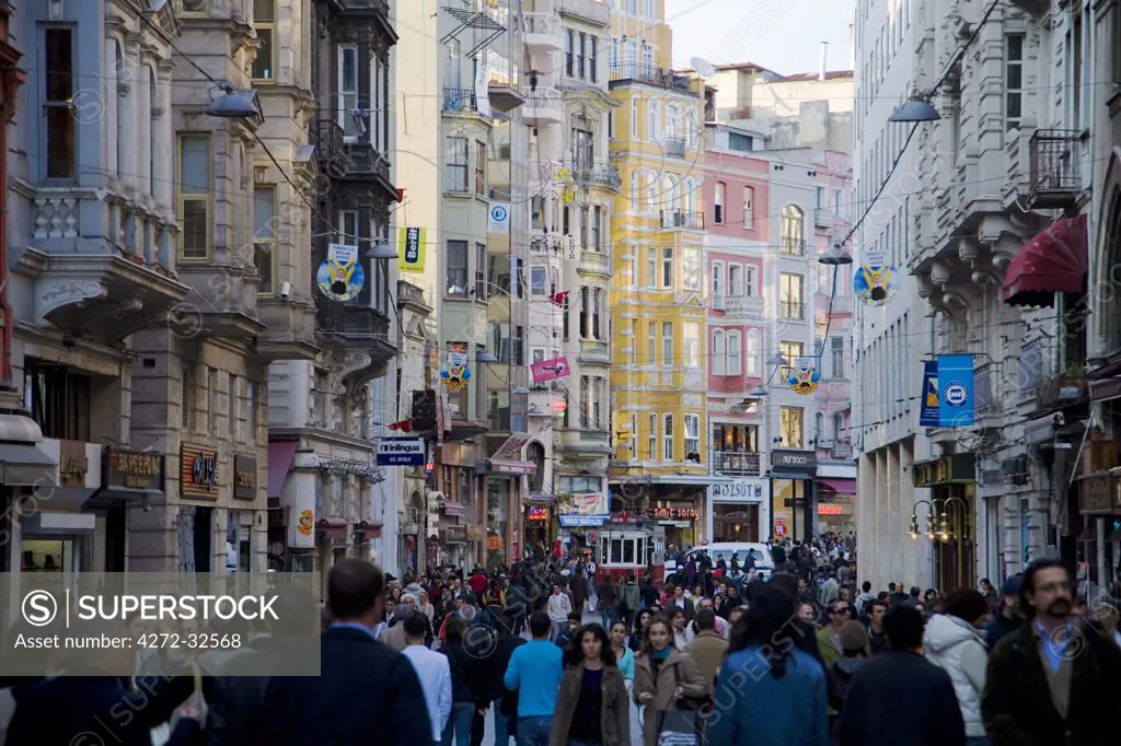 View down busy Istiklal Caddesi, the main street in fashionable Beyoglu, Istanbul, Turkey