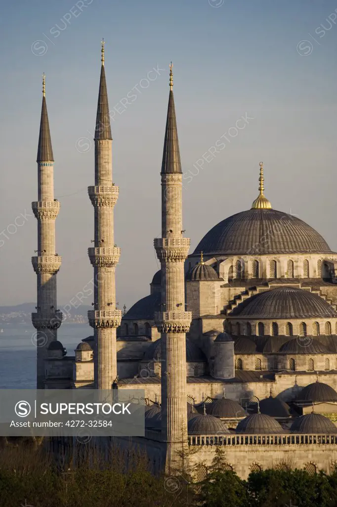 The Blue Mosque, Istanbul, also known as the Sultanhamet Mosque, gives its name to the surrounding area. Built under Sultan Ahmet (1603-1617AD) and designed by Mehmet Aga.